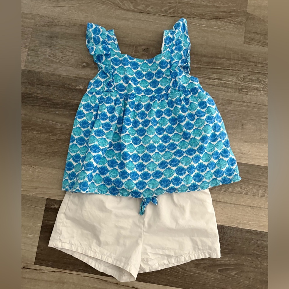 Blue Teal Shell-Print Sleeveless Top with White Shorts